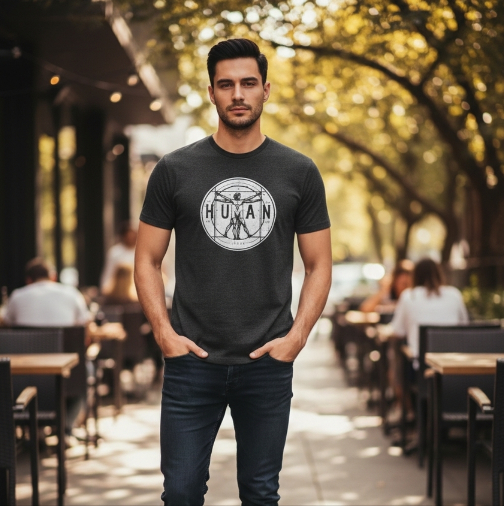 Stylized): Mens Next Level "HUMAN" Da Vinci Sketch Graphic Tee Charcoal Heather